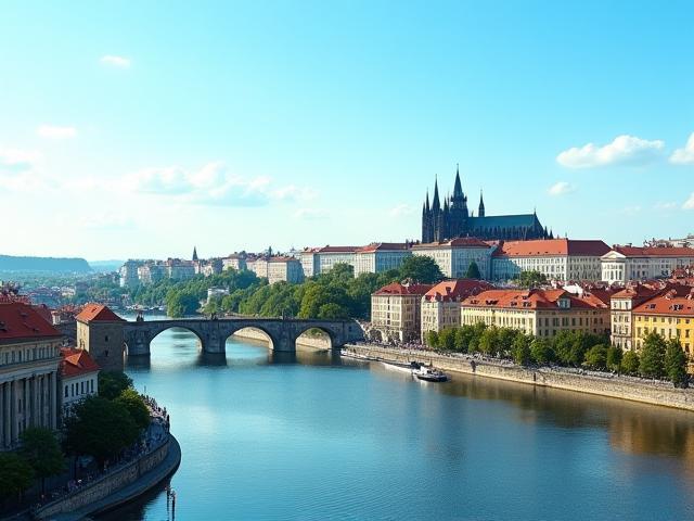Scenic view of Prague city with historic architecture and river