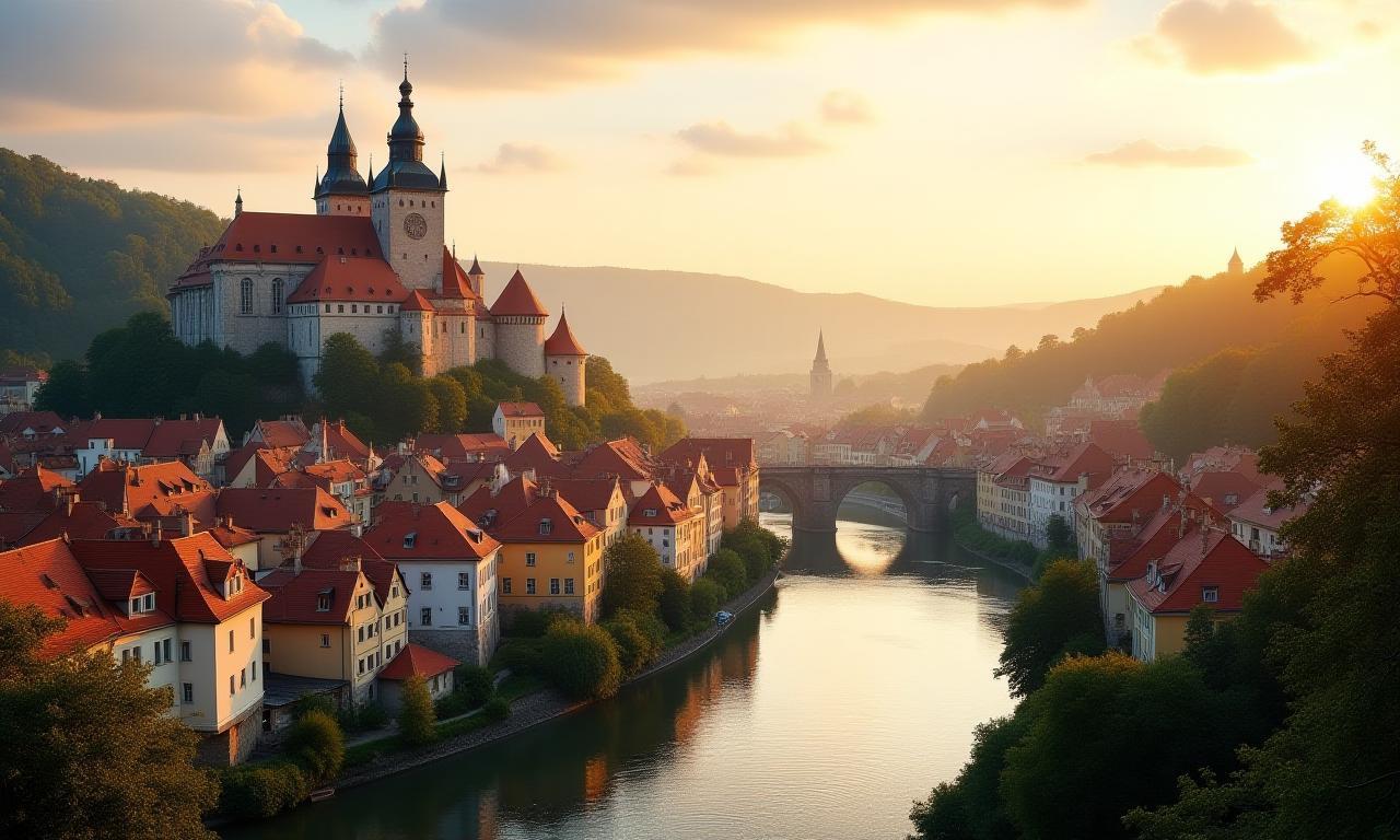 Cesky Krumlov old town with river and castle in warm golden light