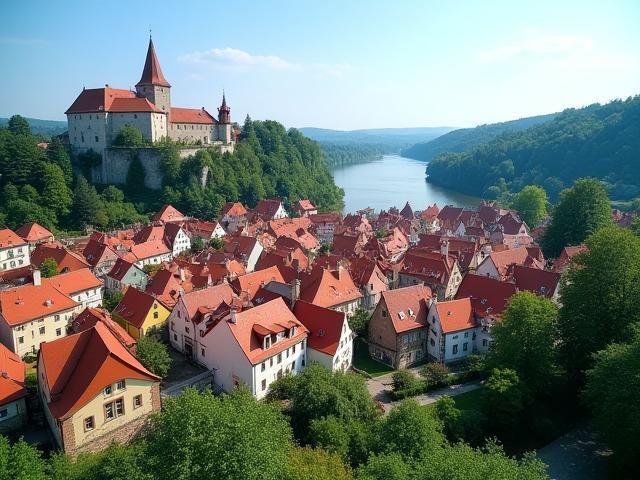 Scenic riverside town Český Krumlov with red roofs and castle