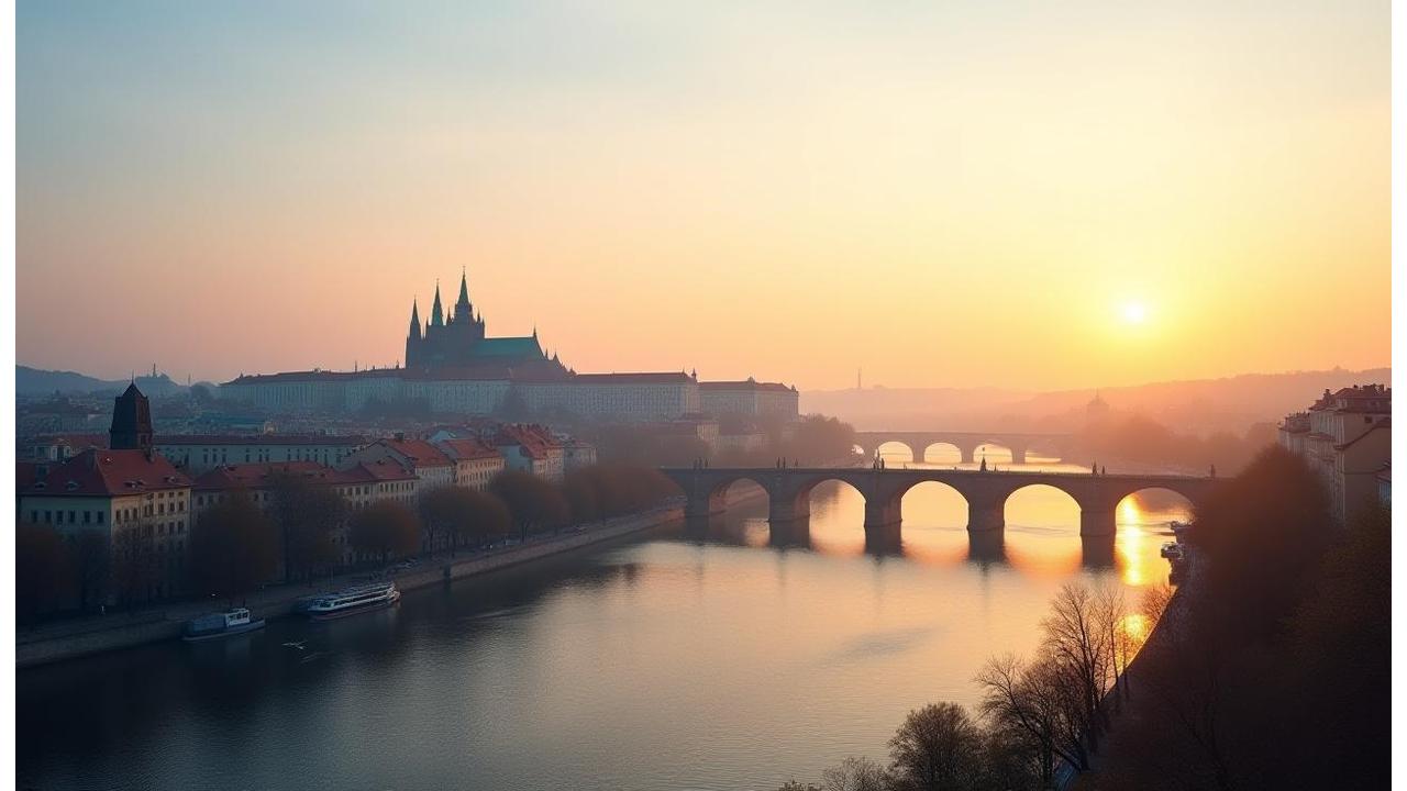 Prague’s skyline at sunset with historic architecture and river views, 'Discover Czechia Your Way' hero background